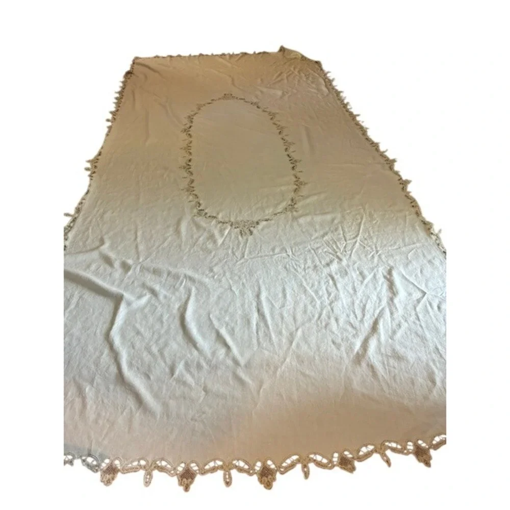 Vintage Tablecloth 152x70 White Excellent Lace Linen Embroidered